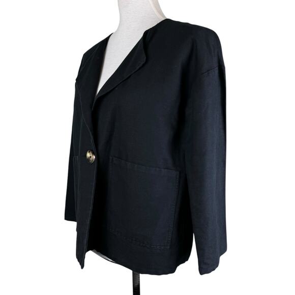 Leon & Harper Black Linen Cotton Blend Collarless Relaxed Boxy Blazer Jacket - Picture 2 of 11